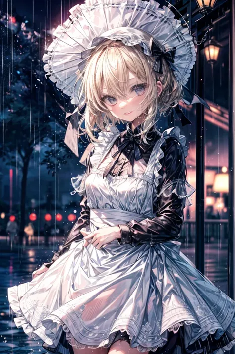 (8k,  super quality next to each other,  Masterpiece:1.2),  Ultra High Resolution,  one woman,  cute,  small breasts,  blond,  in white and black maid clothes ,  Katyusha,  blue ribbon,  apron dress, whole body, soaked,  like a ,  best smile,  gets wet in ...