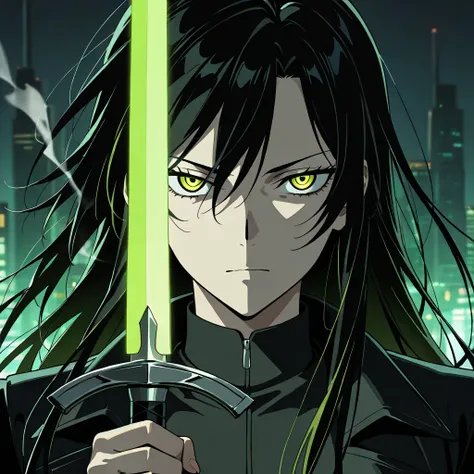 Woman with dark greyish black hair,  long hair,  disheveled hair ,  yellow-green eyes ,  detailed eyes, amazing art, Bottom: A technological city,,  smoking with a red swordswoman ,  detail of a golden cross on the sword , technological sword ,  she wears ...