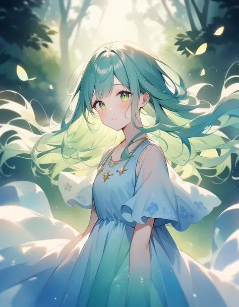   is dazzling 、  detailed watercolor style illustrations of water fairies 。Hair is straight and long。 facial features are eyes that feel strong will 。 wearing a long pastel blue dress that evokes a sense of fantastic wonder  charm 、 All in a soft green for...