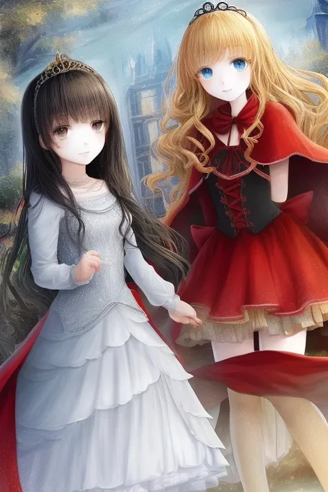  top quality,   Ultra High Resolution、(( cute middle school girl)),2 people、(Red Riding Hood has semi-long black hair, brown eyes,white and red costume)、(Cinderella has long blond hair、 blue eyes、 dress 、 tiara )、duel