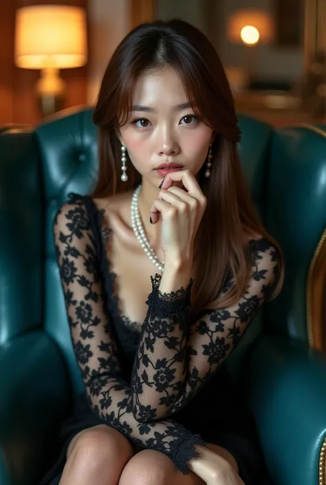 A Japanese woman with a very beautiful beauty like an actress

beautiful young woman sitting on a luxurious teal-colored leather armchair. She has long, straight brown hair cascading over her shoulders, and her makeup is meticulously applied, highlighting ...