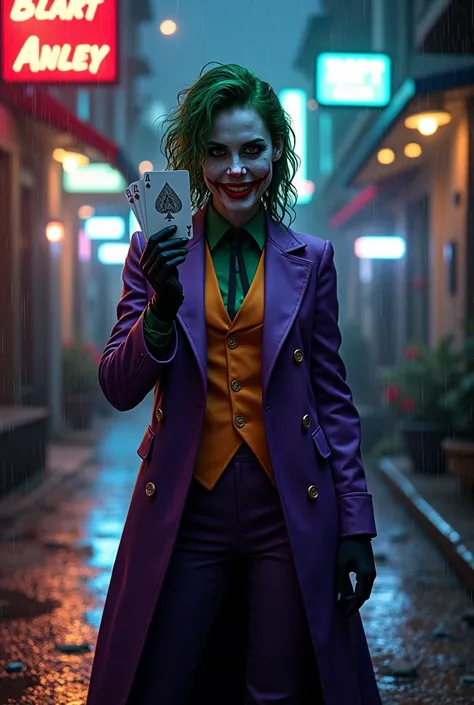 A female version of the Joker from DC Comics, standing in a dark, neon-lit Gotham alley. She has wild, unkempt green hair and a sinister smile with smeared (red lipstick) stretching across her face. Her eyes gleam with madness, and her pale white skin cont...