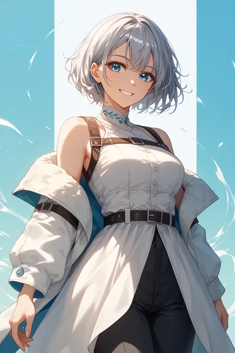 White dress with a coat of arms、 Silver Hair、   short hair、  adult female 、 chest belt、 standing、Swordsman's White Clothes  、  black pants 、High quality OP 、 Masterpiece、    HD  、   Details、   detailed face  、  blue eyes、smile、