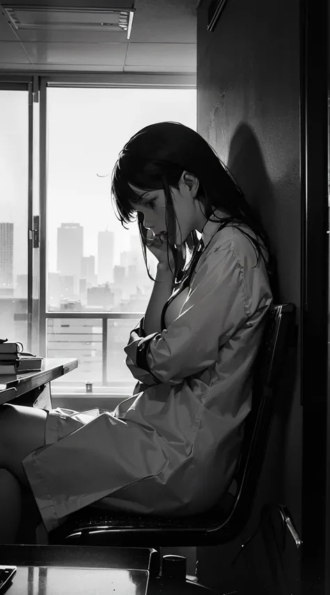 A surreal representation of workplace harassment in a modern South Korean office. A lone figure, depicted in grayscale, sits hunched over at a desk, surrounded by towering shadowy figures with distorted, whispering faces. The office space is warped, with w...