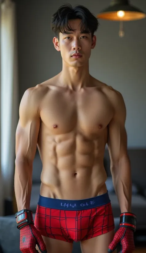 Handsome and sexy Korean tenageer, young, boy, shirtless, Spidermam underwear open on one side and showing his sixpack abs, muscular, sixpack, young, front view, Korean idol, biceps and triceps, Spiderman gloves, photo realistic, realistic, 8k, UHD, sexy, ...