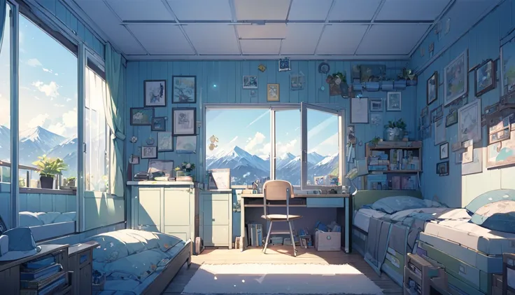  room with lots of decoration ,  Images and books , Open window letting in sunlight with views of the mountains,  no character in a teenager's room , visible door , blue tones, green and black.