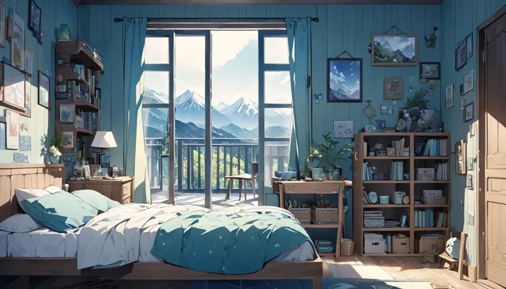  room with lots of decoration ,  Images and books , Open window letting in sunlight with views of the mountains,  no character in a teenager's room , visible door , blue tones, green and black.