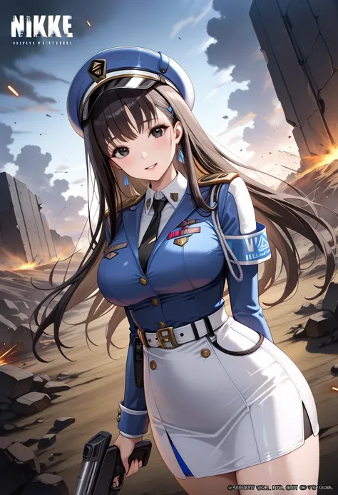 masterpiece,best quality,official art,wall paper,absurdres, beautiful detailed face,detailed texture,detailed skin,BREAK 1girl,nikke,source_nikke, marian,black long hair,black eyes,uniform,cap,battlefield,holding a gun