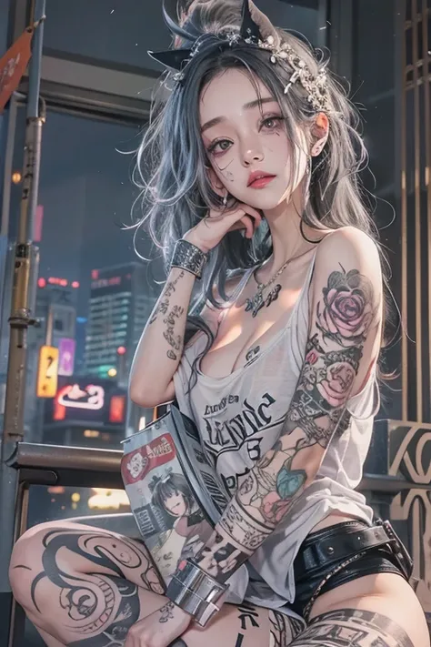  top quality、、 Masterpiece：1.3、 Gothic Punk 、Gray Black Hair、    Two of Our Hair Accessories  、   Beautiful girl with big breasts 、   creative  、Punk Shirt、Neogoth、  goth fashion  ：1.2、   nothing  、 Masterpiece、 top quality、頭w:1.3、((   Hasselblad working i...