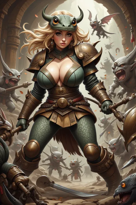 A sexy warrior (cute, amazing breasts nipples covered, sexy lizard ski leather armor, nice butt, big weapon, blonde, gorgeous) is fiercely battling a horde of aroused goblins, High fantasy adventure dungeon, outskirts of goblin Town