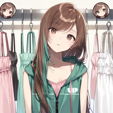  (Masterpiece, best quality), intricate details, JK,, close up, content expression, brown eyes, very long brown hair with teal highlights, ((sleeveless)) unzipped teal hoodie, pink spaghetti strap sundress, ((long swept bangs)), clothing store, looking at ...