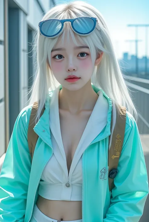 Smooth quality -
A futuristic Korean girl with long white hair, wearing a bright blue-green jacket and white, revealing her tech-savvy side. She wears cutting-edge glasses on her head and a cool backpack, ready to explore. Her outfit, which includes a high...