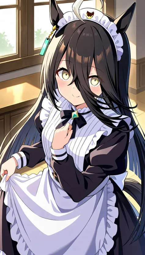 Long, slender face,manhattan cafe ( umamusume), ahoge,animal ears,,black hair,earrings,,hair between eyes,  highres,horse ears,jewelry,long hair,multicolored hair,,yellow eyes,, ,horse girl,, horse tail,tail,,,, very long hair,,eyebrows visible through hai...