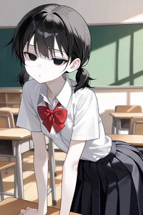 cute girl, asian beauty, (solo), (1girl), (alone), black pleated skirt, white collared t-shirt, school uniform, narrow waist, perky breasts, skinny body, black hair, asian, short twintails, low twintails, black eyes, (pale skin), looking at viewer, (emotio...