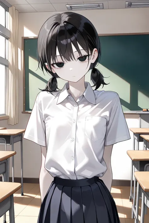 cute girl, asian beauty, (solo), (1girl), (alone), black pleated skirt, white collared t-shirt, school uniform, narrow waist, perky breasts, skinny body, black hair, asian, short twintails, low twintails, black eyes, (pale skin), looking at viewer, (emotio...