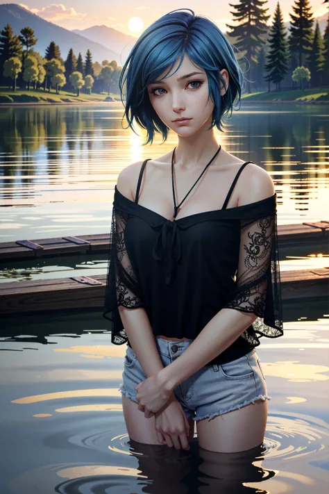 (( ultra Detailed ,  masterpiece, absurdities))
 LisChloe , 1 girl,  short hair , cabello azul,  looking at the spectator,  Sunrise over a tranquil lake,  specular reflections , serene and peaceful