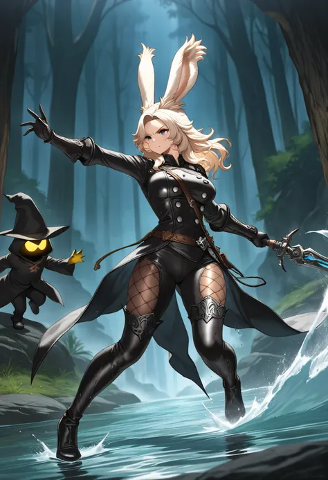 (((( Masterpiece)))), (((( top quality)))),  high resolution,fine grain, detailed face,  wet,viera,Black Mage,  action, big breasted with a cross eye, full body shot