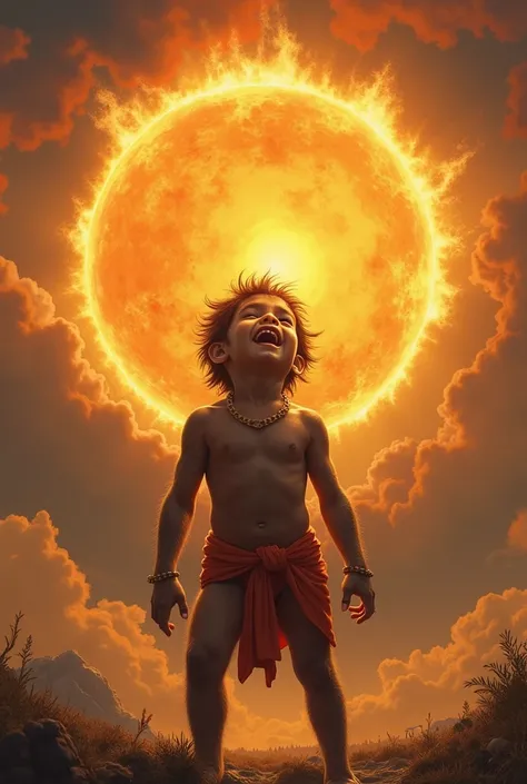 Baby hanuman swallowing sun realistic 