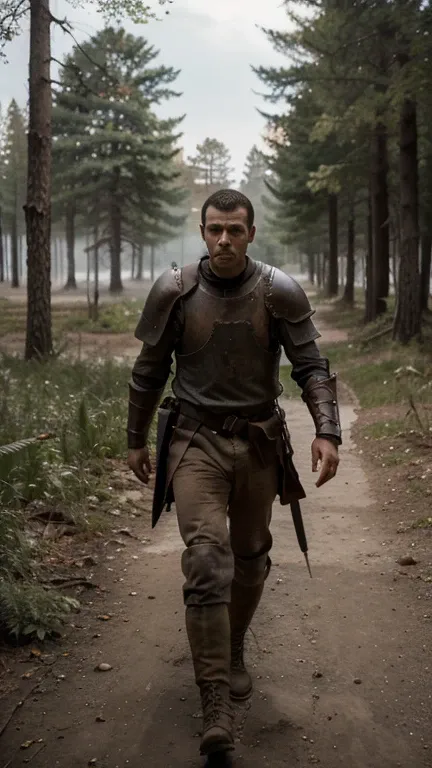  High resolution,  exterior view ,  Apocalypse,  man in medieval armor ,  dark forest deforested , dark night ,  soldiers fallen left and right,  and him in the middle of the path 