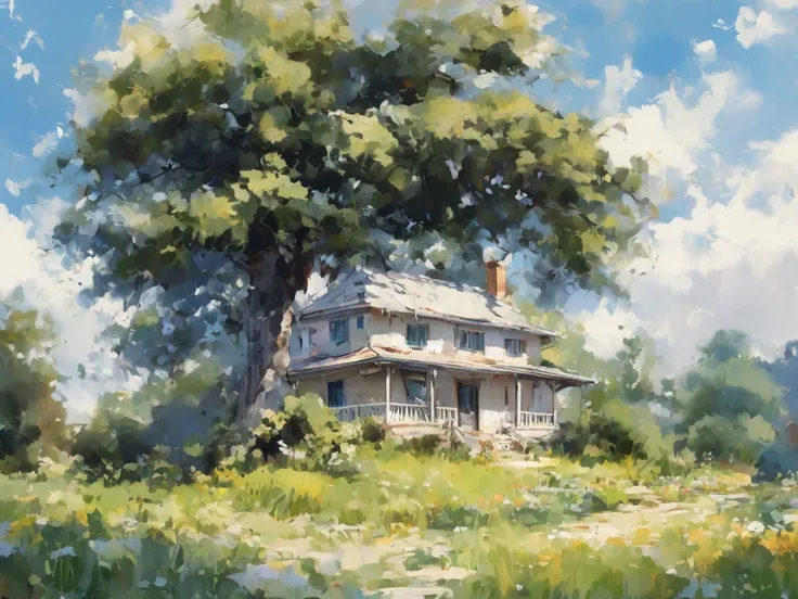 ((( better quality)))), realistic, authentic,  beautiful and incredible landscape of a country house under the big tree, rough brushstroke ,  petals with blue sky and white clouds --v6 