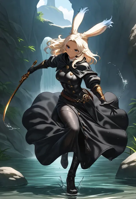 (((( Masterpiece)))), (((( top quality)))),  high resolution,fine grain, detailed face,  wet,viera,Black Mage, Mage's Long Dress,  action, big breasted with a cross eye, full body shot