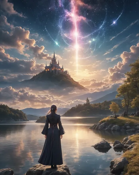 (8k,  top quality,  Masterpiece,   Final Fantasy Style : 1.2), ( unrealistic,  photorealistic: 1.37), ( Portrait of a witch standing on the lakeside ,  Big Swaying Bust :1.1),  dreamy scenery , Fantasy ,  unrealisticな風景,  very detailed, Flying Medieval Cas...