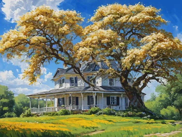 ((( better quality)))), realistic, authentic,  beautiful and incredible landscape of a country house under the big tree, rough brushstroke ,  petals with blue sky and white clouds --v6 