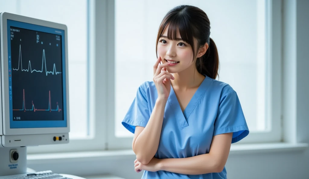  clinical laboratory technician 　The left side is an ECG monitor , The color of clinical laboratory technicians' clothes is light blue　I'm worried about crossing my arms,One hand with cheek