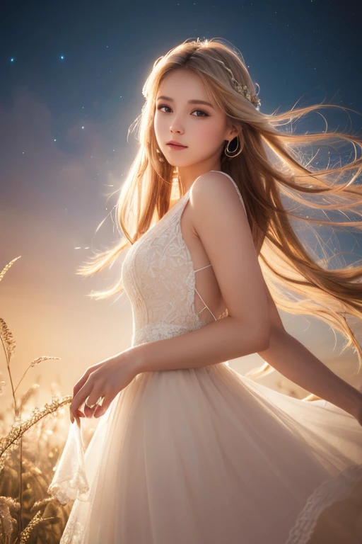 A beautiful blonde girl named TUFTI with long, neatly braided hair. She has bright, expressive eyes and a serene yet mysterious expression. She wears an elegant white dress that flows gracefully. The background is a celestial realm, filled with soft glowin...