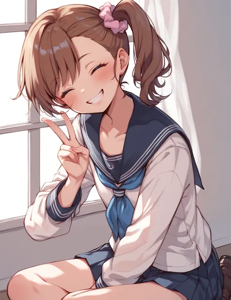 (watercolor:0.4),(pastelcolor:0.4),1girl,brown hair, closed  eyes smile, (side ponytail),blush,grin,v near face,Scrunchie,Sailor suit,loafers,head tilt,sitting,(wariza),pastel hues,(white backgroud:1.2),straight-on,looking at viewer,flat chest