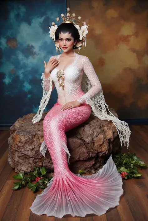 (masterpiece, best quality:1.2), 1girl, Alone, Javanese Traditional, sitting, flower, blur colorful background, pink mermaid, pink mermaid tail below waistline, sit on rock, full body mermaid, POV, smile, happy face, ahegao, mouth open,