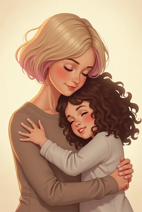 Short blonde haired mother with pink locks and age daughter with light brown skin and long curly hair half straight