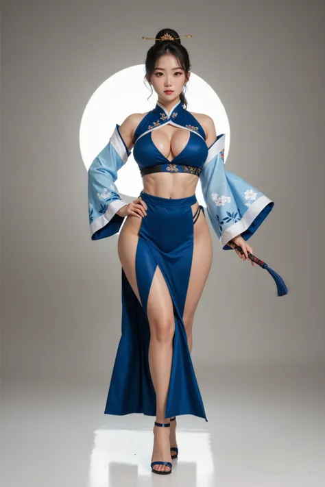 A full body image of a beautiful Korean woman from behind with black hair wearing a Korean fighting outfit. She should have very large breasts, very wide hips and a flat stomach.