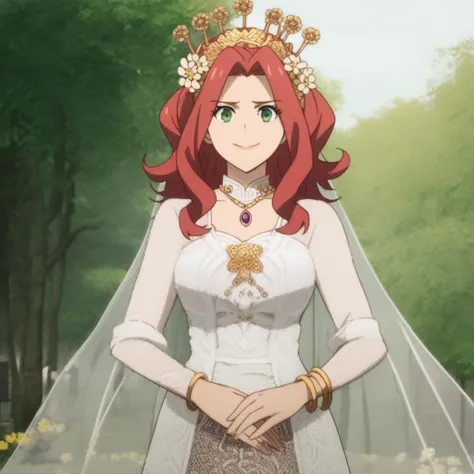 score_9, score_8_up, score_7_up, masterpiece, best quality, source_anime, anime screencrap, BREAK 1girl, Malty Melromarc, red hair, long hair, large breasts, green eyes, solo, kebaya wedding dress, (crown), looking at viewer, flower, happy face, smile, hai...