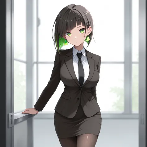 masterpiece, (((( best quality )))),1 girl, Japanese Anime ,character profilele,shiny skin, wearing a black suit,skirt suit, black tie , dark hair, short bob hair,The inner color of the hair is green, green eyes,isosceles triangle earrings, black tights,la...