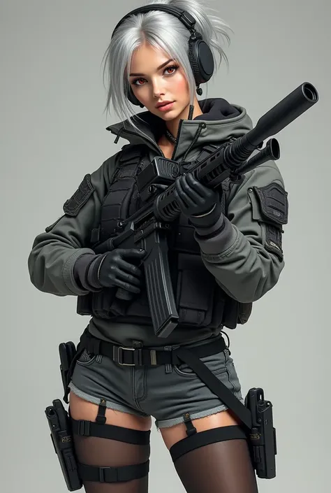  tactical gear with a sexy, fleshy, and glamorous figure。Tie your silvery hair into a short ponytail、 has red eyes 。 has a confident and seductive look 。 equip it with black tactical armor over a gray hooded jacket、 thigh-length stockings with a black gart...