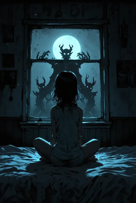 ".  the girl sitting on top . Bed in pajamas  ,  ,  her posture tense , , and her eyes widened with fear ..  ,  she looked with concern ., mirrors .  Dark room ,   casts a shadow on the wall  . Through the window  ,    with the black shadow of The devil-li...