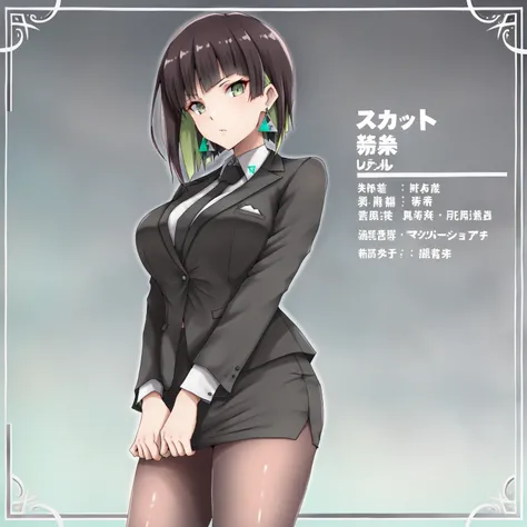 masterpiece, (((( best quality )))),1 girl, Japanese Anime ,character profilele,shiny skin, wearing a black suit,skirt suit, black tie , dark hair, short bob hair,The inner color of the hair is green, green eyes,isosceles triangle earrings, black tights,la...