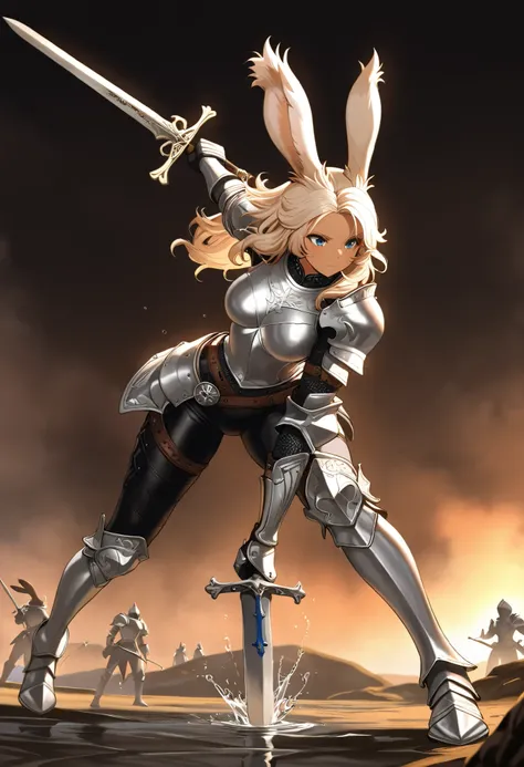 (((( Masterpiece)))), (((( top quality)))),  high resolution,fine grain, detailed face,  Depiction of a face expressed down to the smallest detail,  Detailed Eyes 、Detailed faces、Hair drawn down to the smallest detail ,  wet,viera, Knight, Knight's sexy Ar...