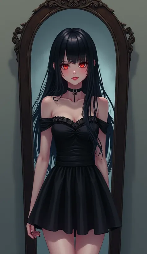  1213962054 anime girl standing in front of a mirror, wear a short black black dress and wear a short,  he has a dark look and a mischievous smile, her hair is long black and her eyes are red like rubies