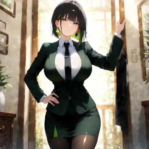 masterpiece, (((( best quality )))),1 girl, Japanese Anime ,,shiny skin, wearing a black suit,skirt suit, black tie , dark hair, short bob hair,The inner color of the hair is green, green eyes,isosceles triangle earrings, black tights,large breasts