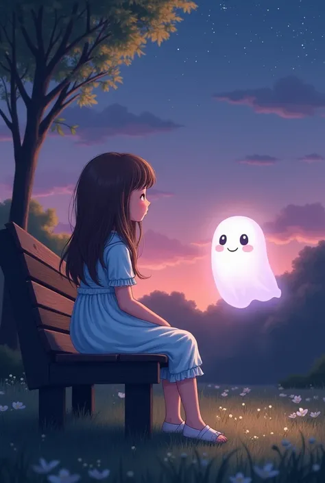 Illustration of a young girl with long brown hair, wearing a light blue dress, sitting on a wooden bench in the park. The sky is painted with twilight shades of purple and pink. The soft ghost floats nearby, gently illuminating the space with a warm glow.