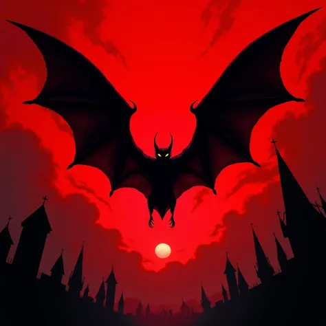 Bat Flying Red Sky realistic manga anime in Gothic style