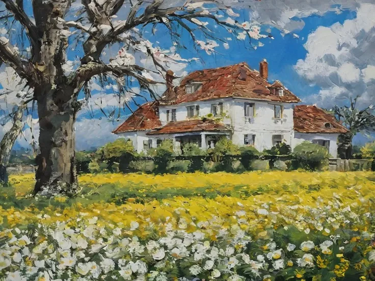 ((( better quality)))),  oil painting, authentic,  beautiful and incredible landscape of a country house under the big tree, rough brushstroke ,  petals with blue sky and white clouds --v6 ,  high resolution sweatshirt,  Very detailed, 