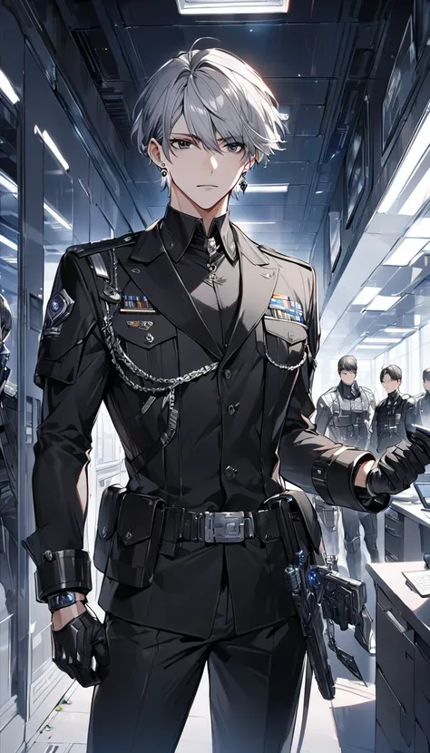  alone,  handsome, 1 male,  Short Hair,  （ Split Bangs ） ,  Gray Hair,  Sci-fi fantasy ,Detailed black eyes   ,  Thai White  ,  Black Suit ,Best,cuffs, uniform, real silver accessory ,Office,  earrings, Black Leather,   look straight ahead , Vtuber   look ...