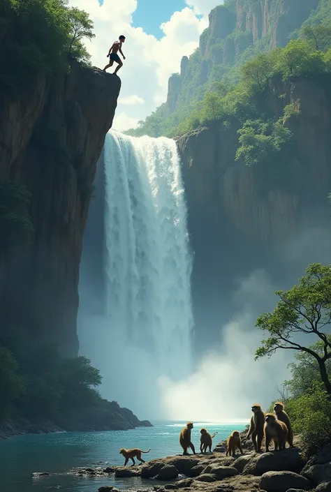 A young man jump down to the water fall and then river side with the baboons .