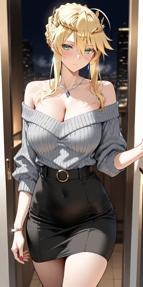 Masterpiece, 1girl, artoria pendragon (lancer) (fate), elegant mature woman, sophisticated, slim, off-shoulder sweater dress, ultra detailed, highres, absurdres, dynamic angle 