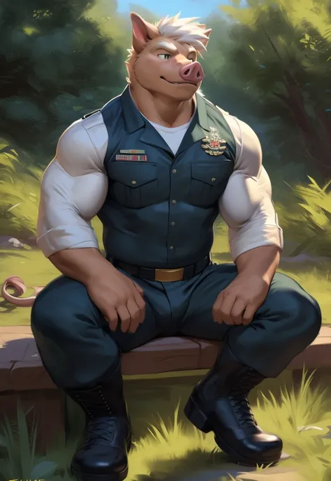 male, anthro, muscle, black green field and utility uniform , (pig ), Meditation, marines outfit, marines,boot camp,half length portrait, white mane, , by zackary911, chunie, meesh, kiyosan, sigma x, bara, detailed background