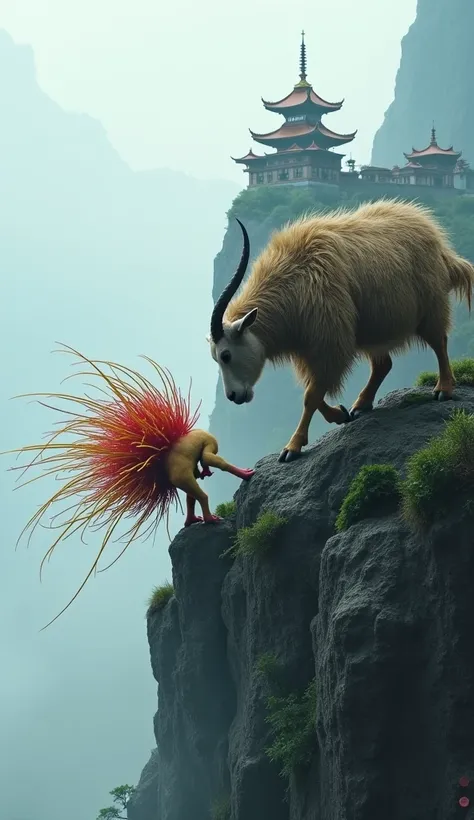 Rambutan vs. Goat – "The Hairy Trickster vs. The Mountain Guardian"

Setting: A misty mountain peak, with a lone monastery temple clinging to the cliffside.

Rambutan: A rolling ball of red and yellow hair, shifting form and bouncing unpredictably. Its spi...