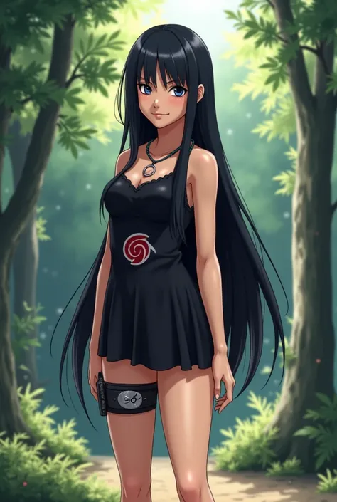  That's fine but I'll be more specific Natuto style anime character,  long jet-black hair ,  black eyes and light brown skin color , clothing style: a dress attached to the short black lower body and the Genin band with the symbol of the village with the l...